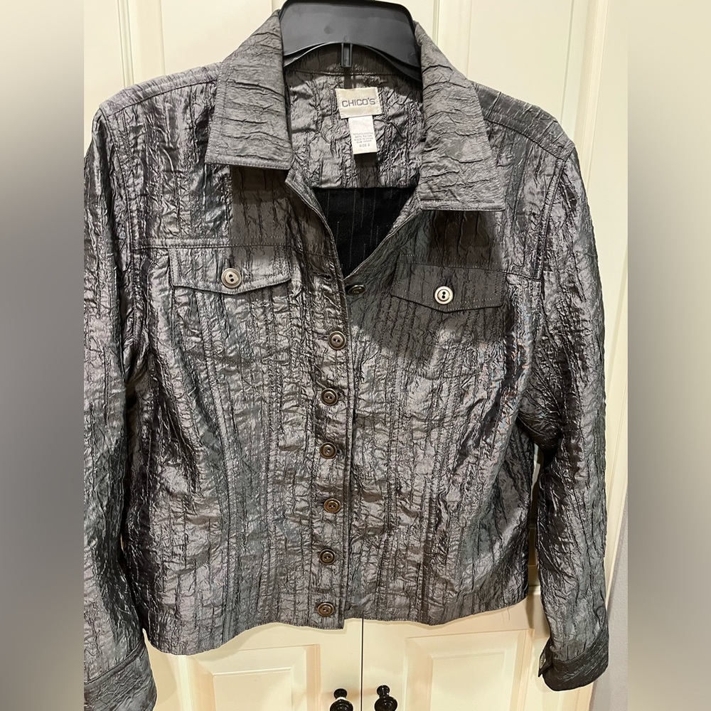 Chico's Textured Metallic Gray Jean Jacket